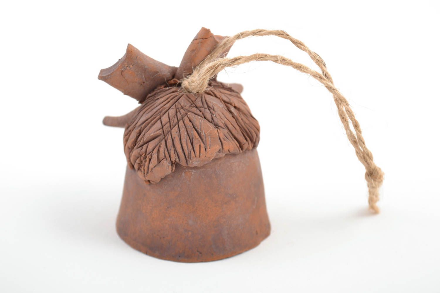 Handmade bell made of red clay brown unusual with eyelet photo 4