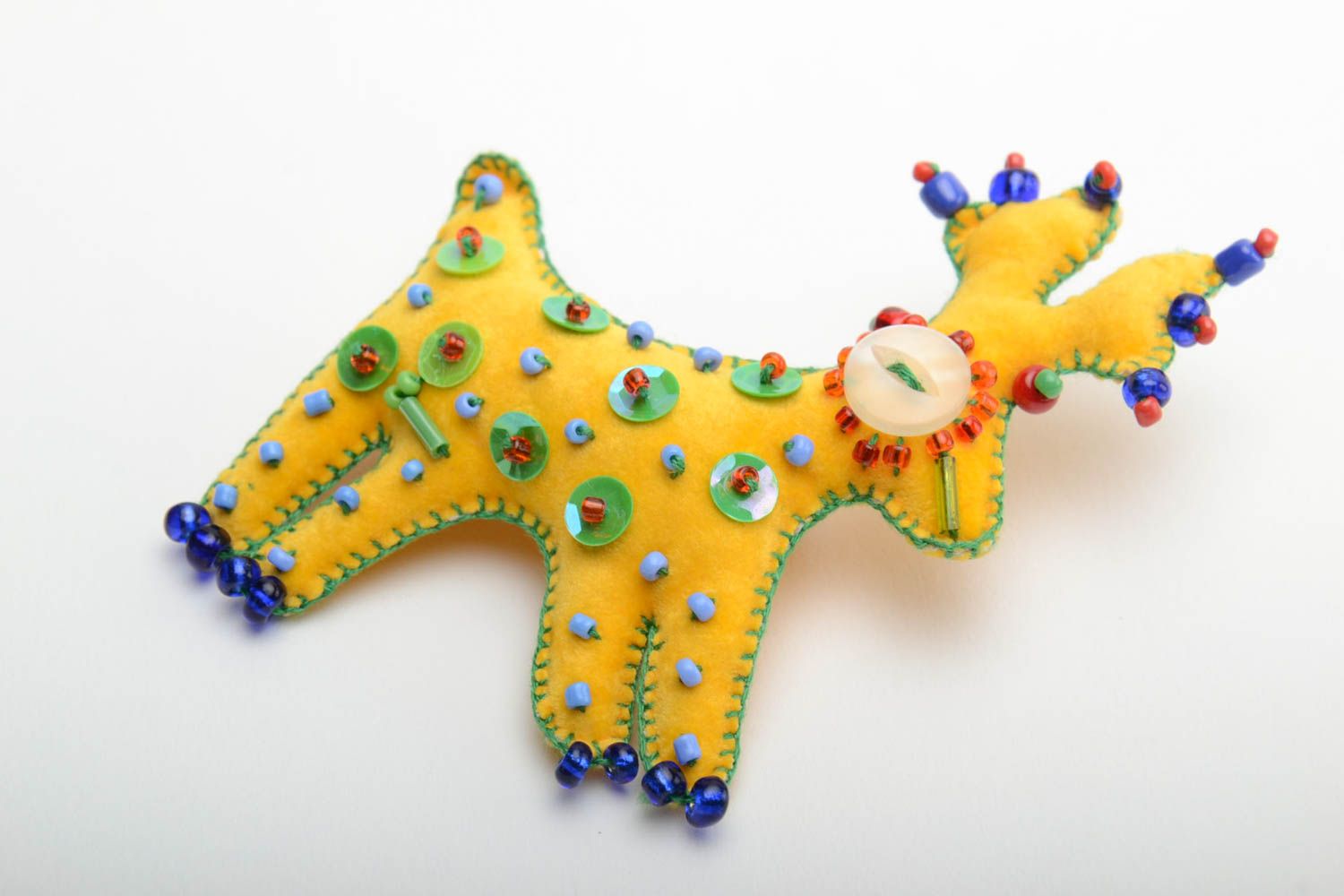 Bright handmade fabric soft brooch Deer embroidered with beads and sequins photo 2