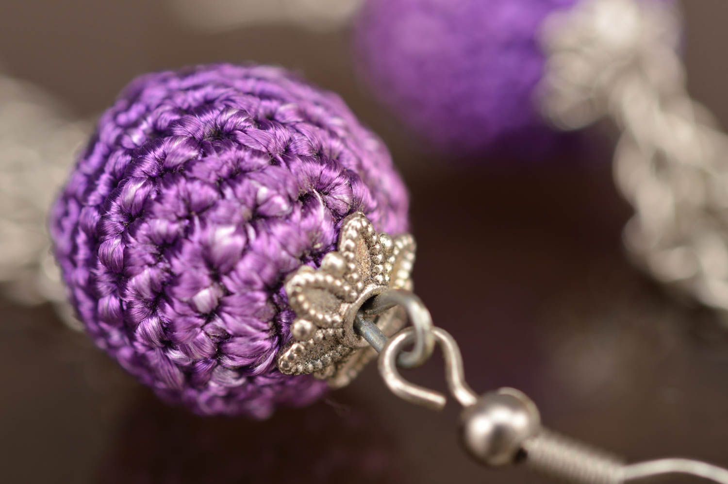 Beautiful homemade design long earrings with lilac crochet over beads and chains photo 4