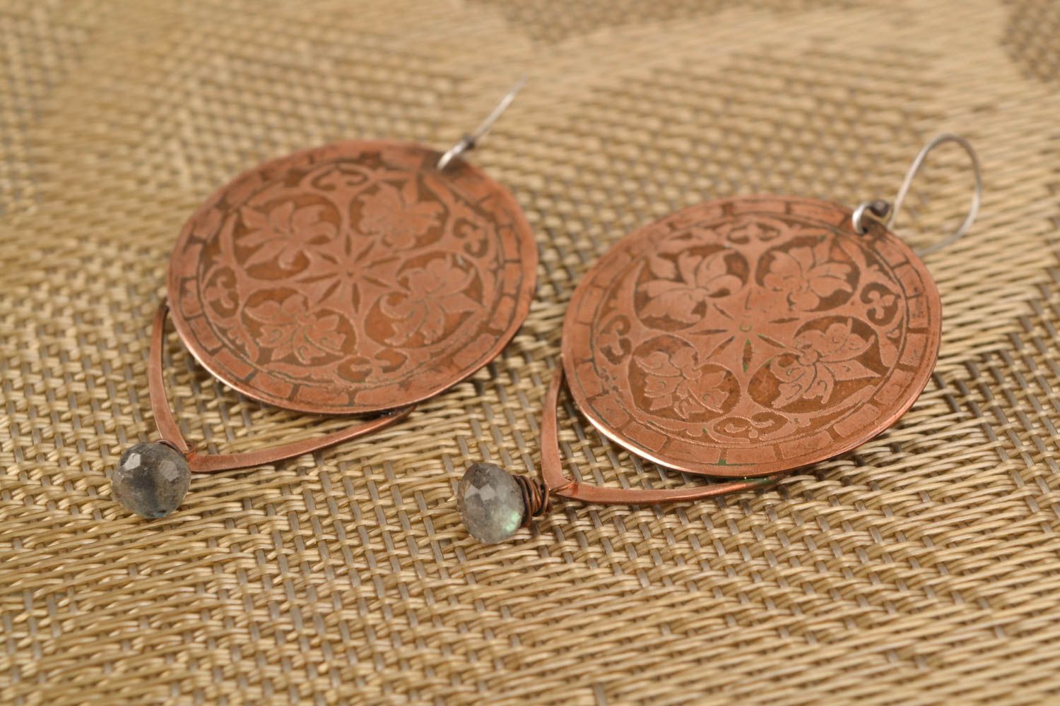 Handmade round copper earrings with ornaments photo 1