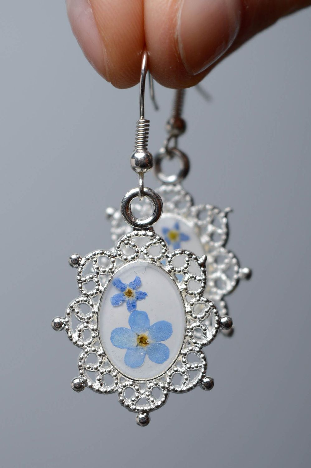 Epoxy resin earrings with forget-me-not flowers photo 3