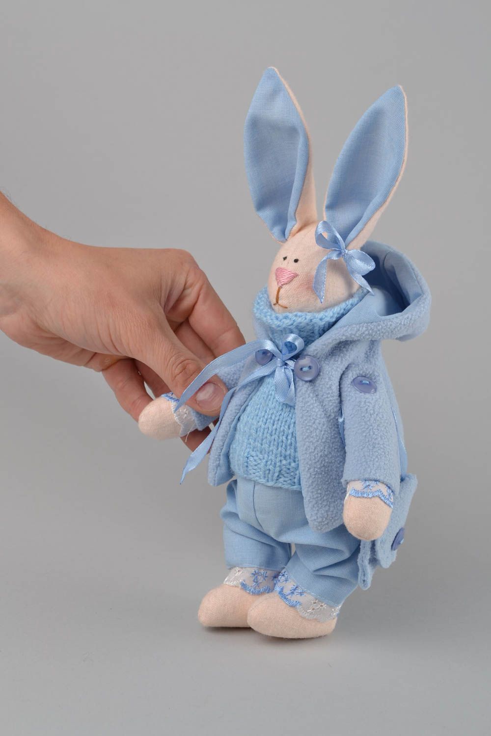 Handmade designer soft toy beige rabbit in blue fleece coat for interior decor photo 2