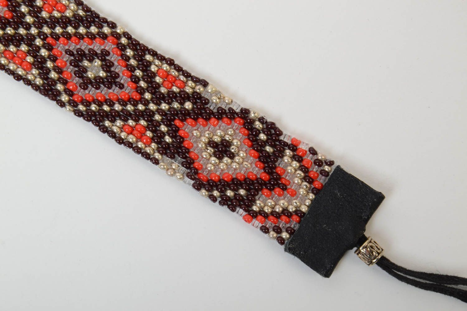 Dark handmade designer beaded wide bracelet with ornament in ethnic style photo 4