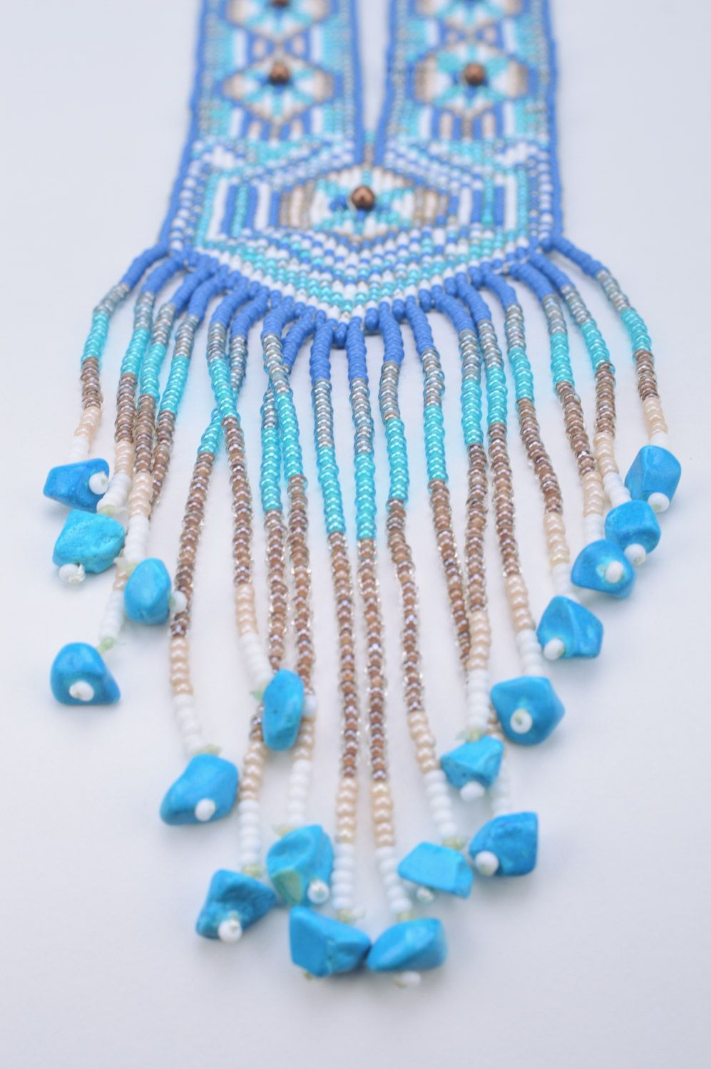 Handmade long blue Czech bead gerdan necklace with patterns in ethnic style photo 5