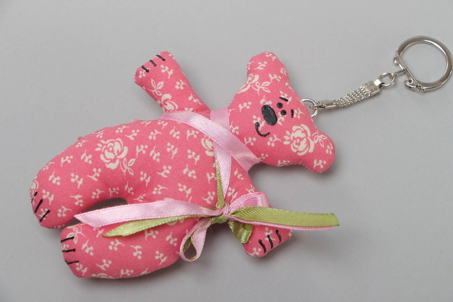 Handmade designer fabric soft keychain in the shape of pink bear photo 2