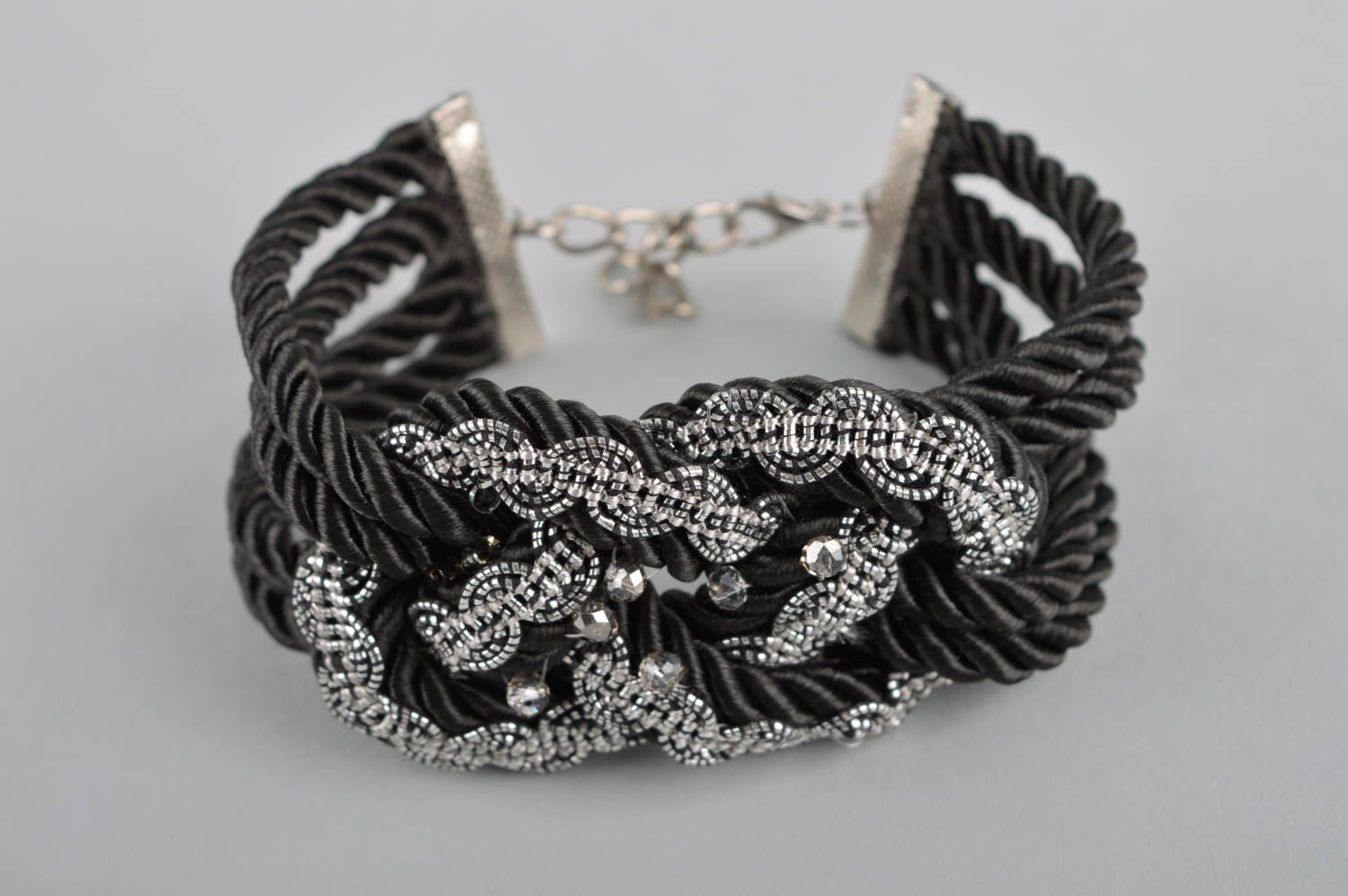 Handmade black wrist bracelet beaded textile bracelet designer accessory photo 2