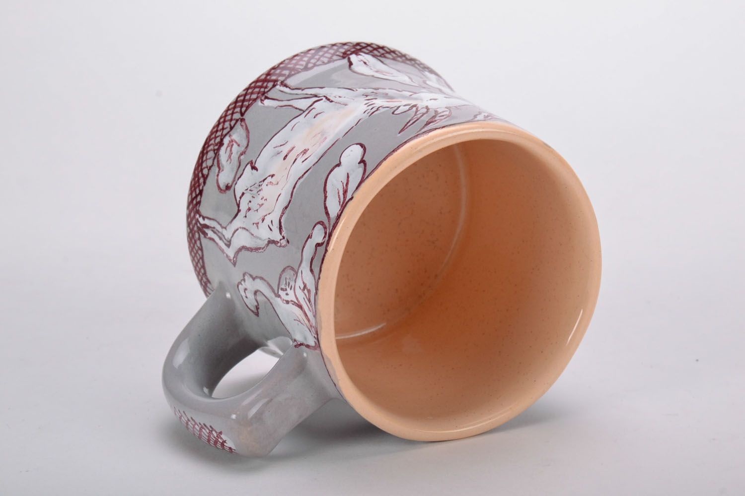 Clay glazed porcelain grey, cherry, white cup with goat pattern photo 3