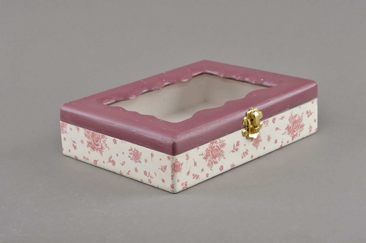Boîte décorative en bois et verre faite main technique de serviettage blanc rose photo 1