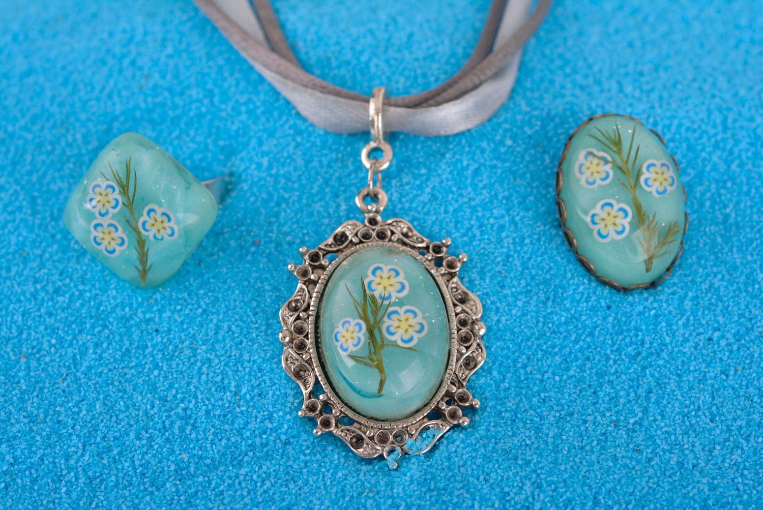 Parure Bijoux floraux faits main bleus bague pendentif broche Cadeau femme photo 1