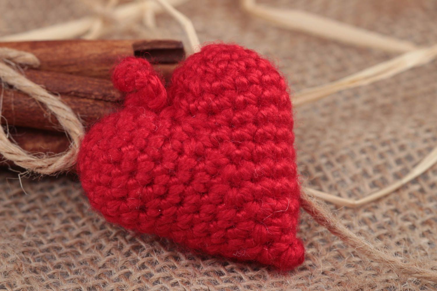 Handmade small crochet soft toy red heart with eyelet for kids and interior decor photo 1
