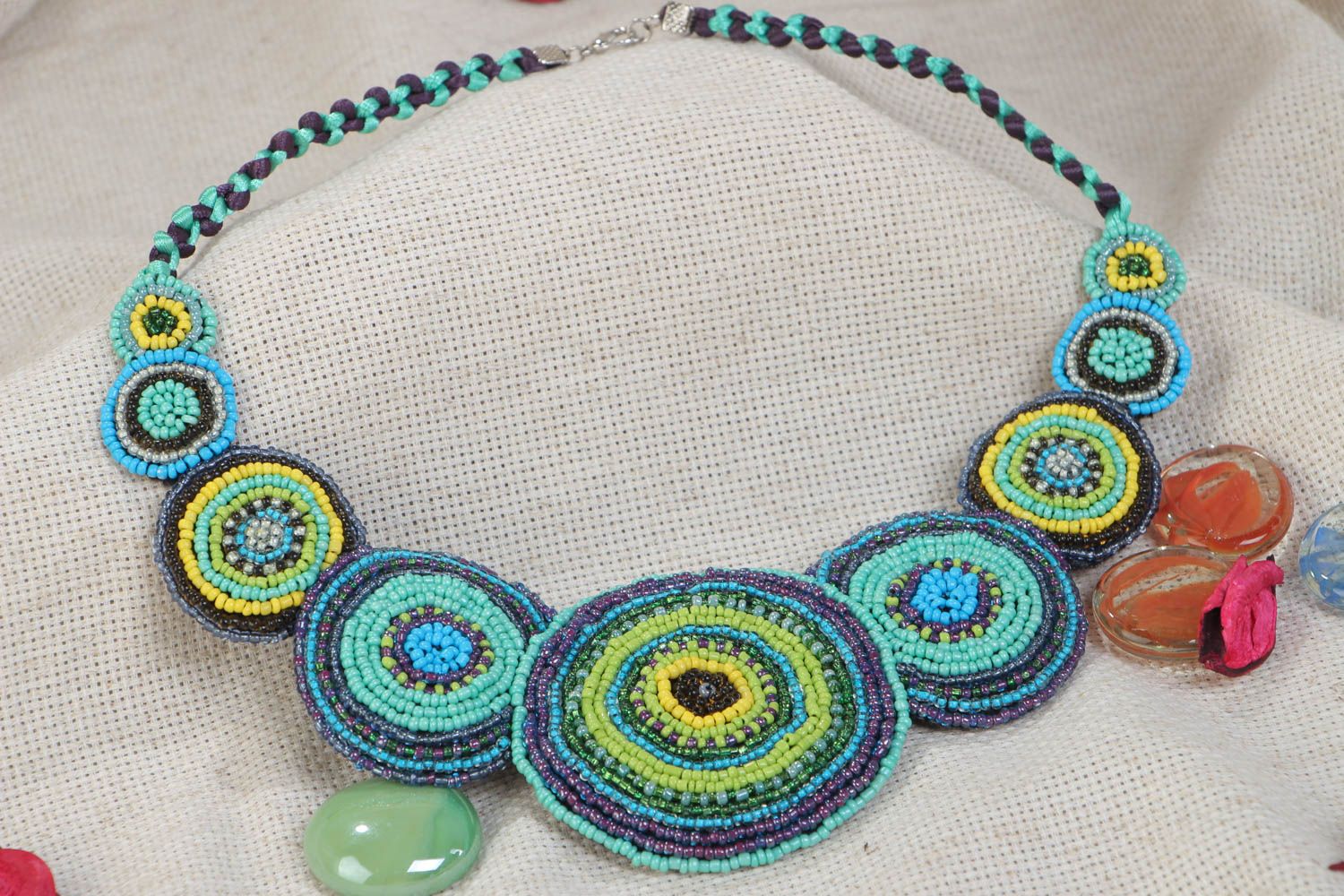 Handmade colorful beaded necklace on felt basis bright summer stylish accessory photo 1