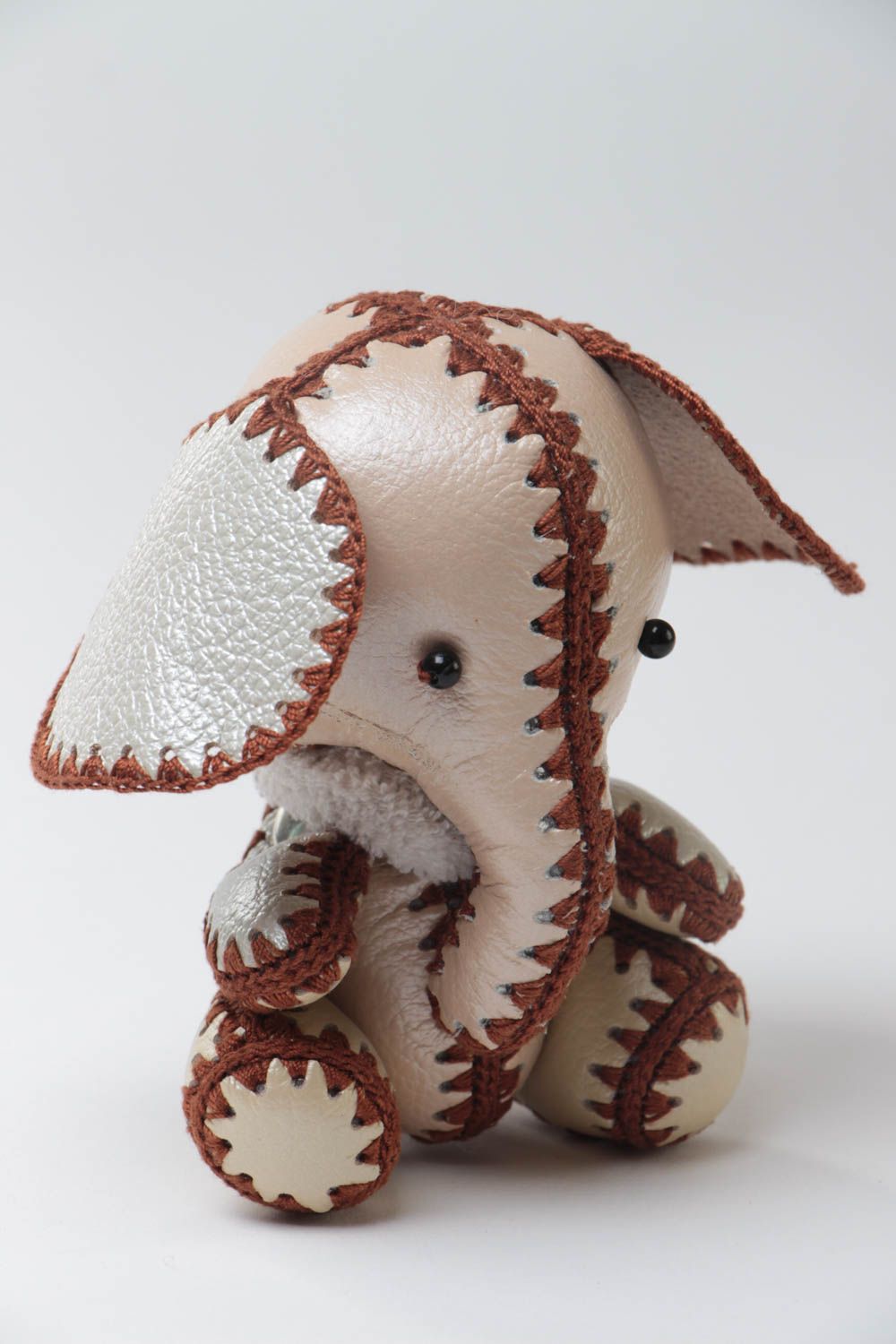 Handmade small beige leather soft toy elephant stitched with brown threads photo 2