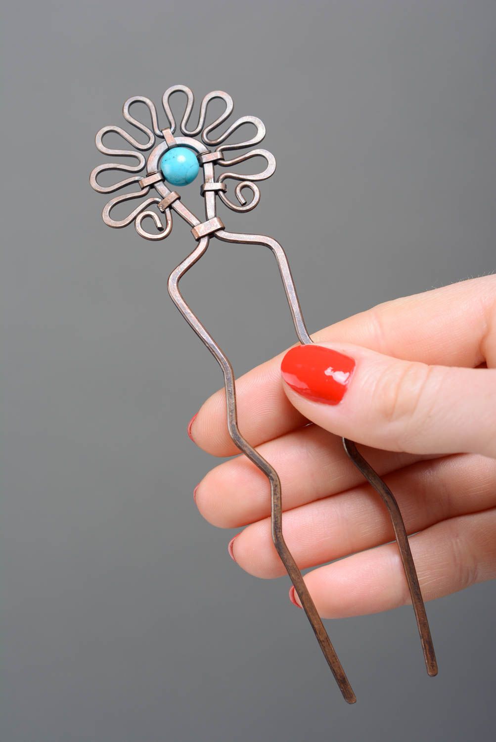 Handmade hair stick copper elegant hair pin accessory with natural stone photo 3