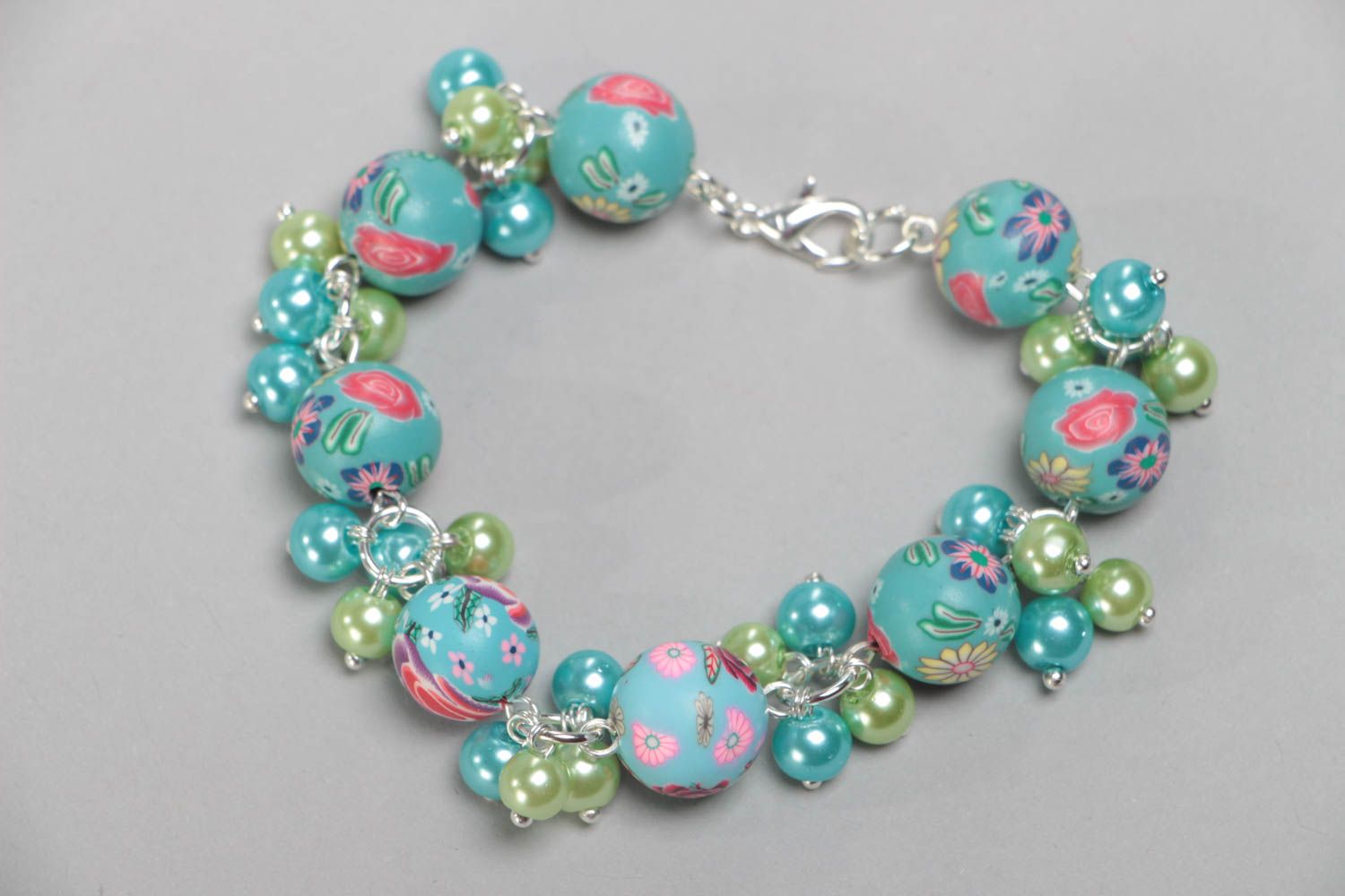 Blue handmade children's polymer clay bracelet with artificial pearls photo 3