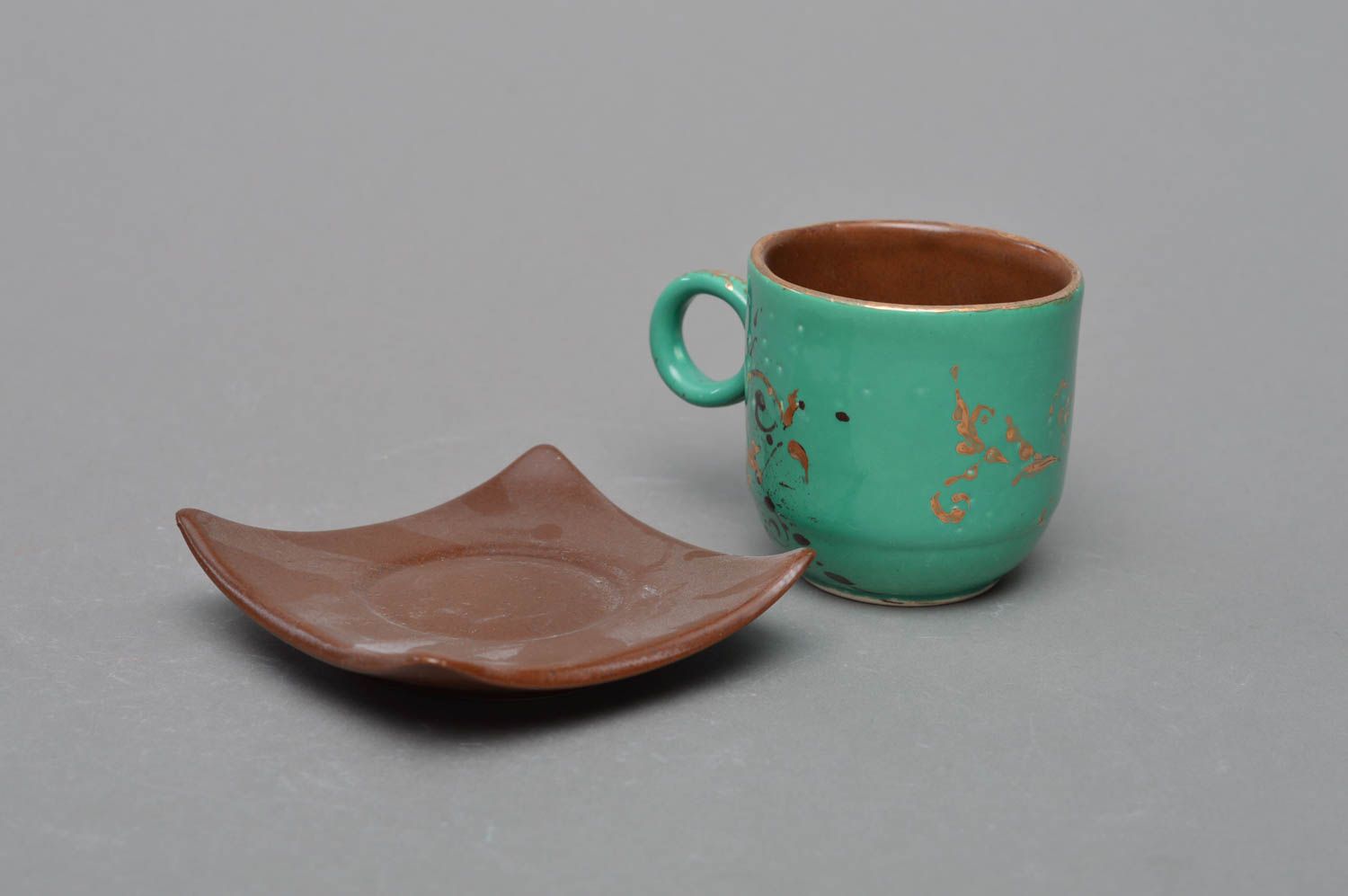 Small espresso turquoise and brown coffee cup with handle and square saucer photo 2