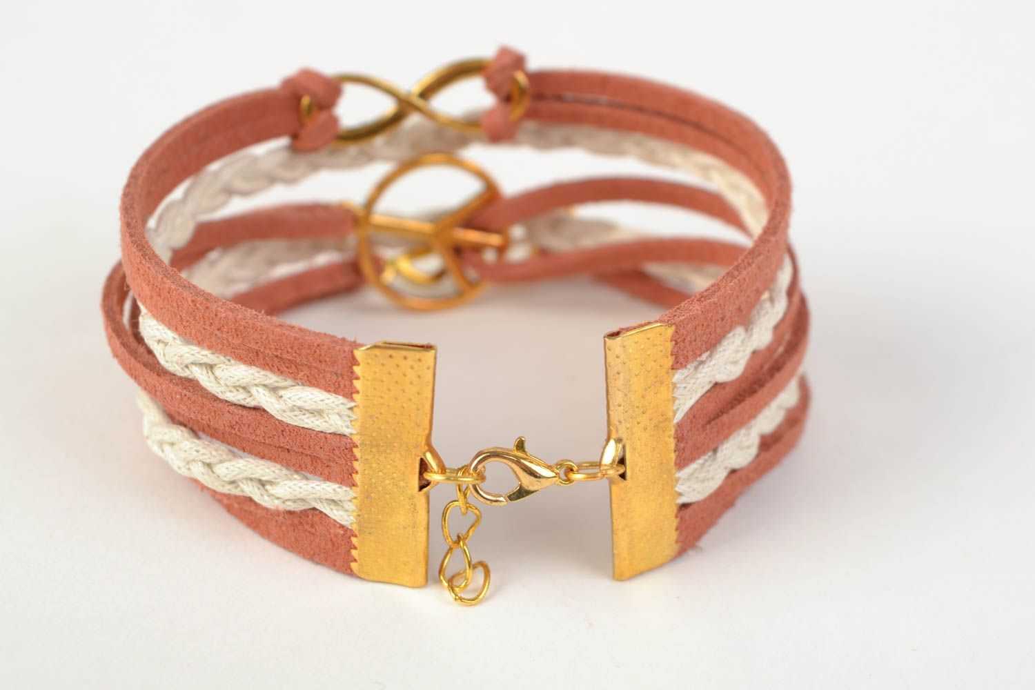 Handmade multi row two colored suede cord woven wrist bracelet with metal charms photo 4