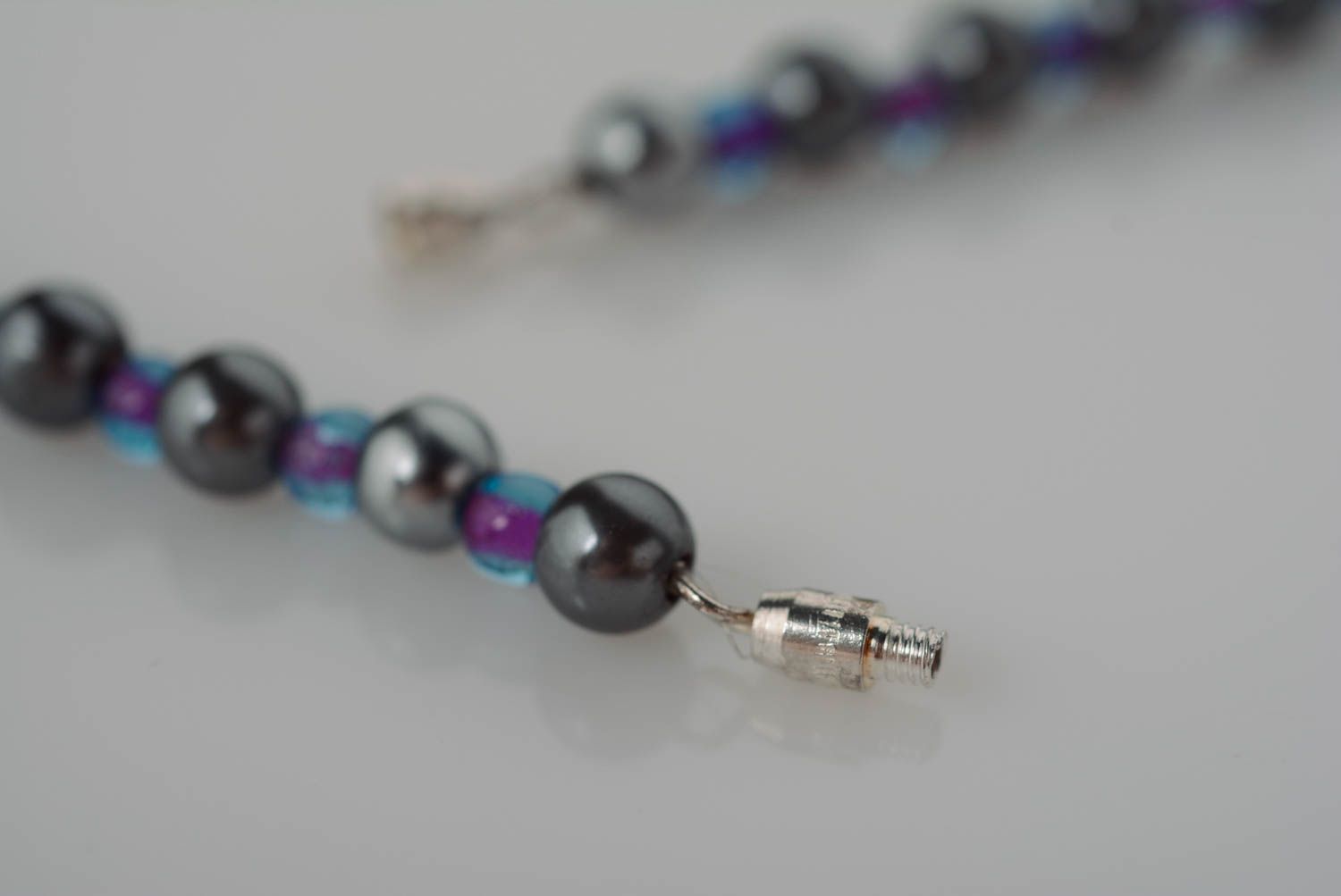 Handmade laconic gray and lilac polymer clay bead necklace with seed beads  photo 5