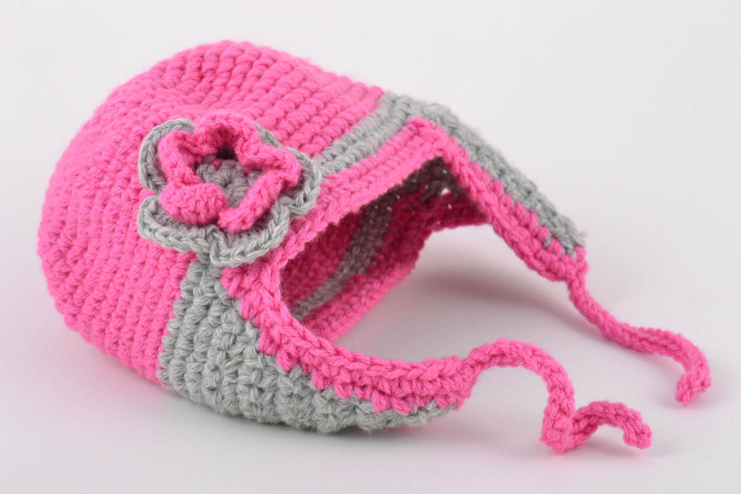 Handmade cotton crochet hat of pink and gray colors with ties for baby girl photo 5