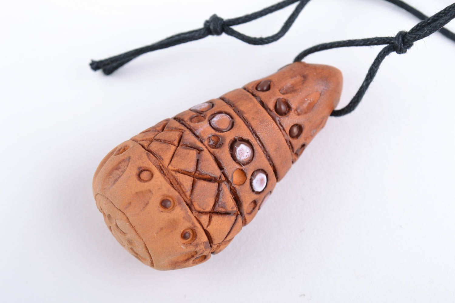 Handmade pendant made of clay unusually shaped brown accessory on long cord photo 5
