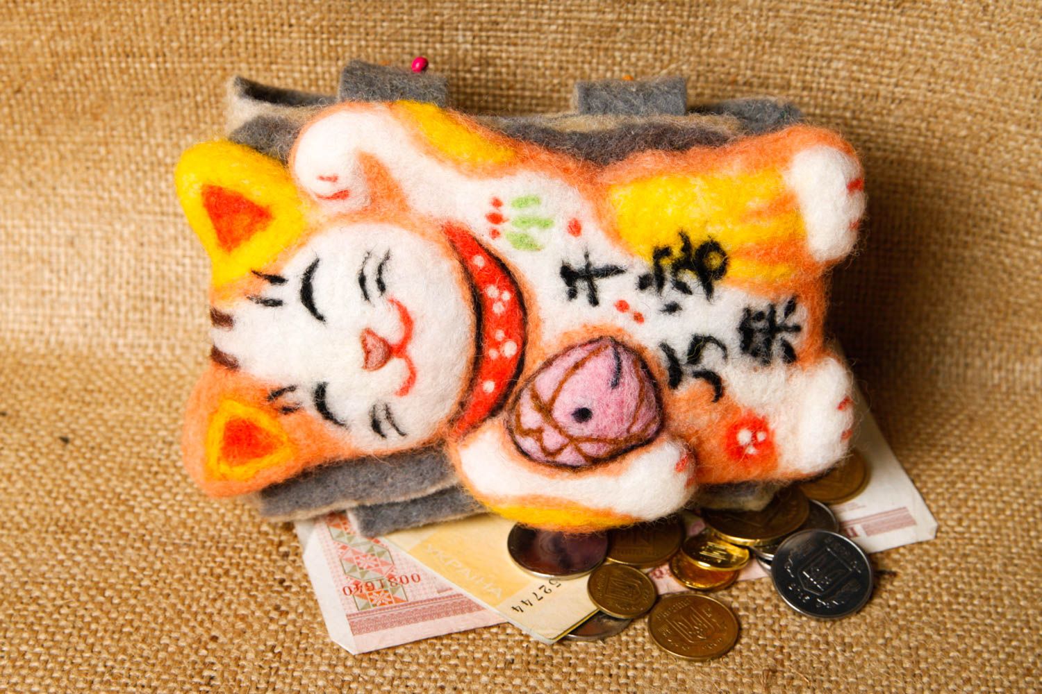 Portefeuille chat Porte-monnaie fait main en laine feutrée Cadeau femme photo 1