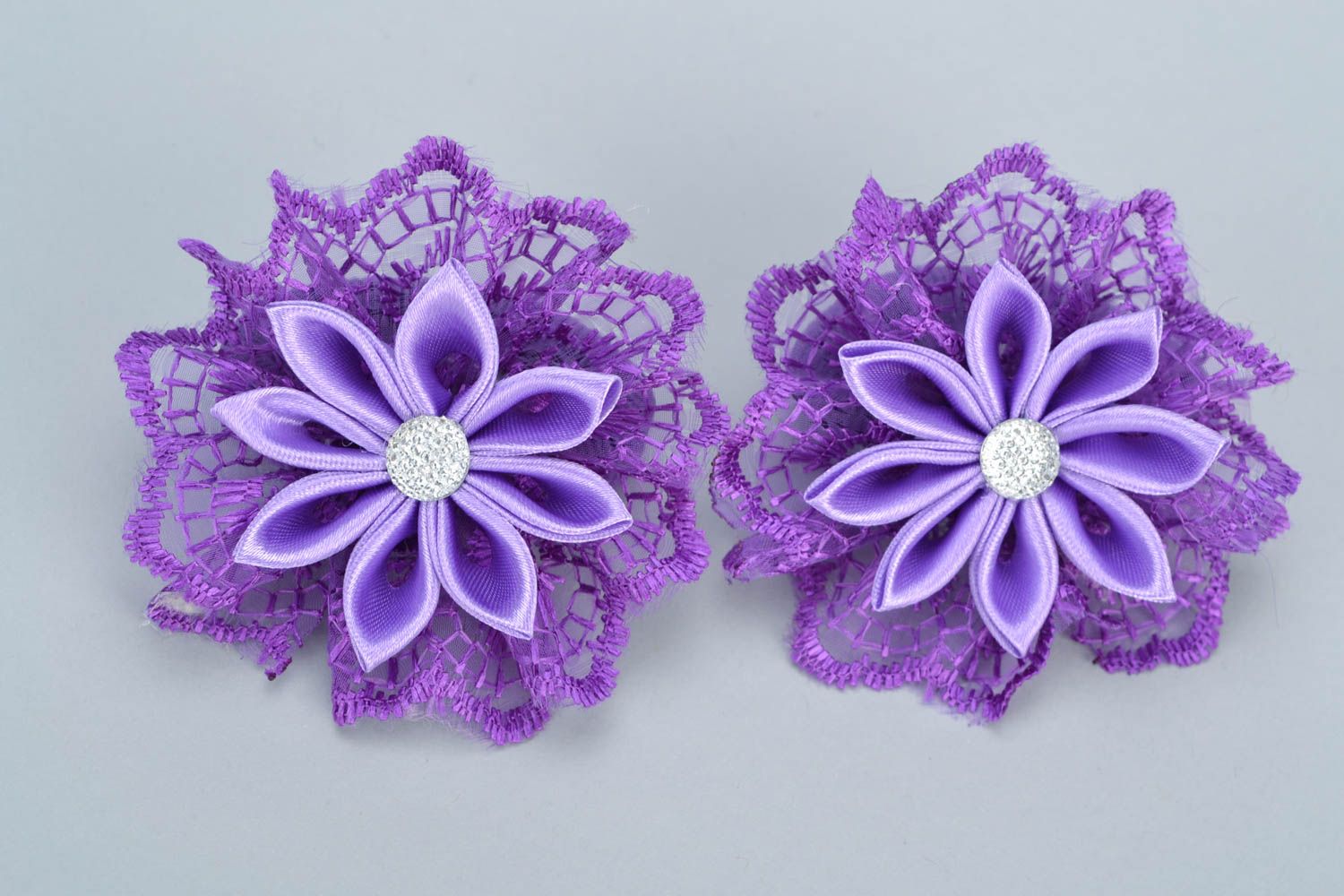 Handmade purple scrunchies with flowers made of satin ribbons kanzashi technique 2 pieces photo 5