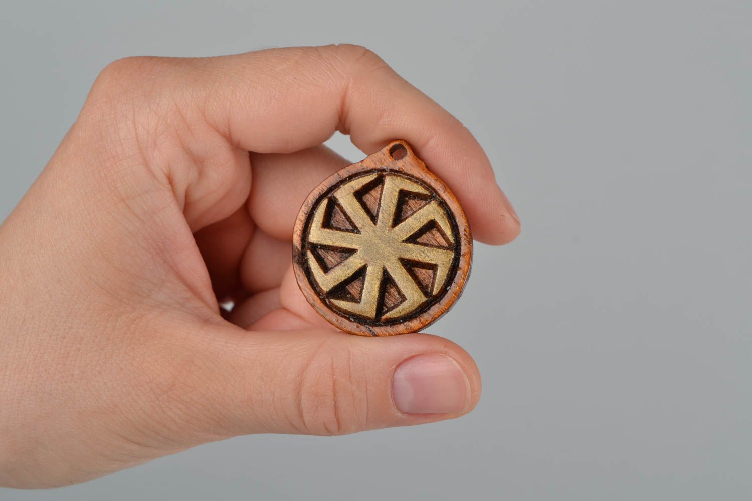 Handmade small round natural wood carved protective amulet pendant Cross of Lada photo 2
