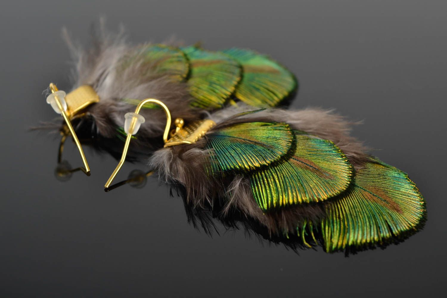 Handmade peacock feather earrings unique designer jewelry stylish bijouterie photo 1