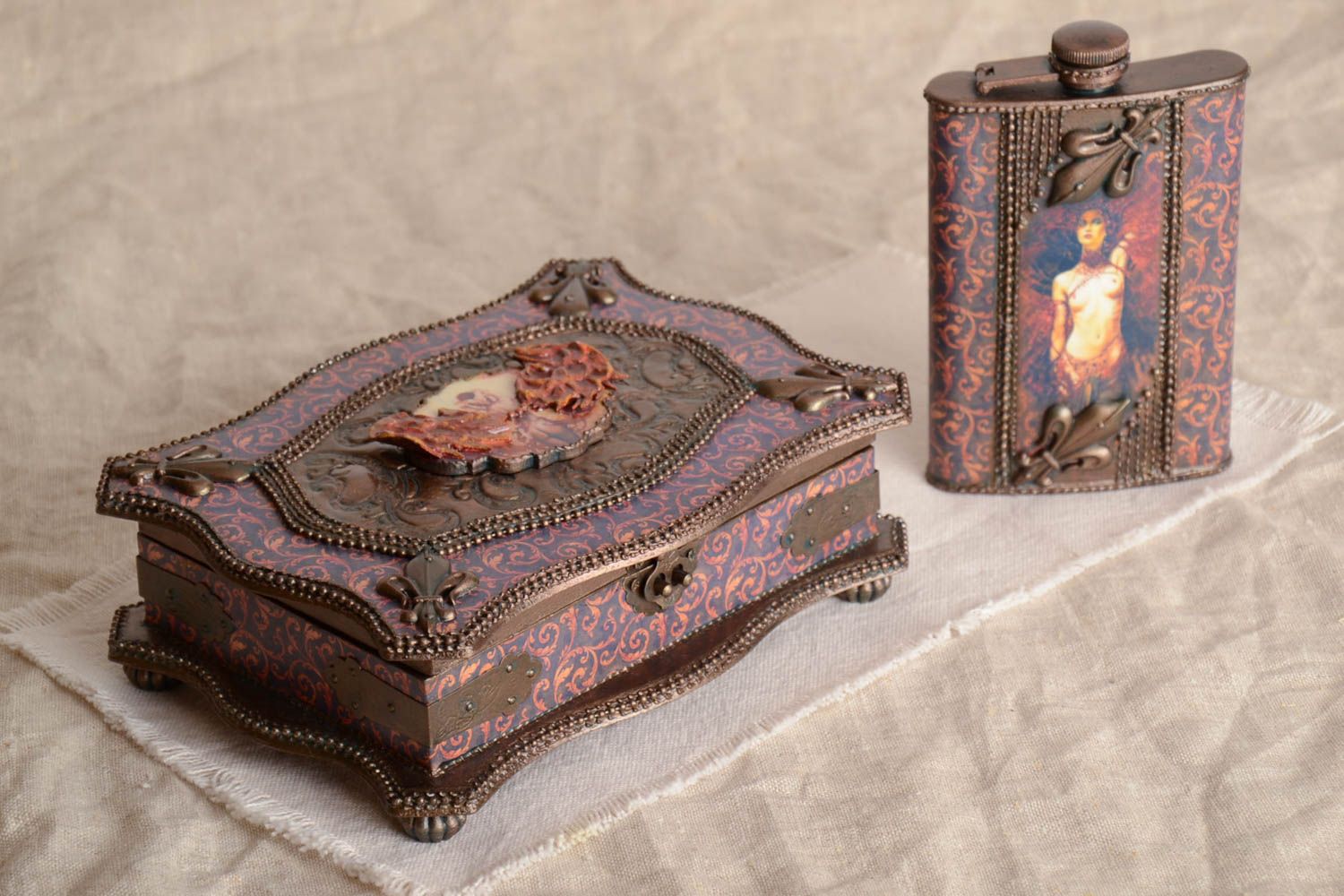 Handmade decoupage wooden box and decorative metal flask unusual gift set photo 1