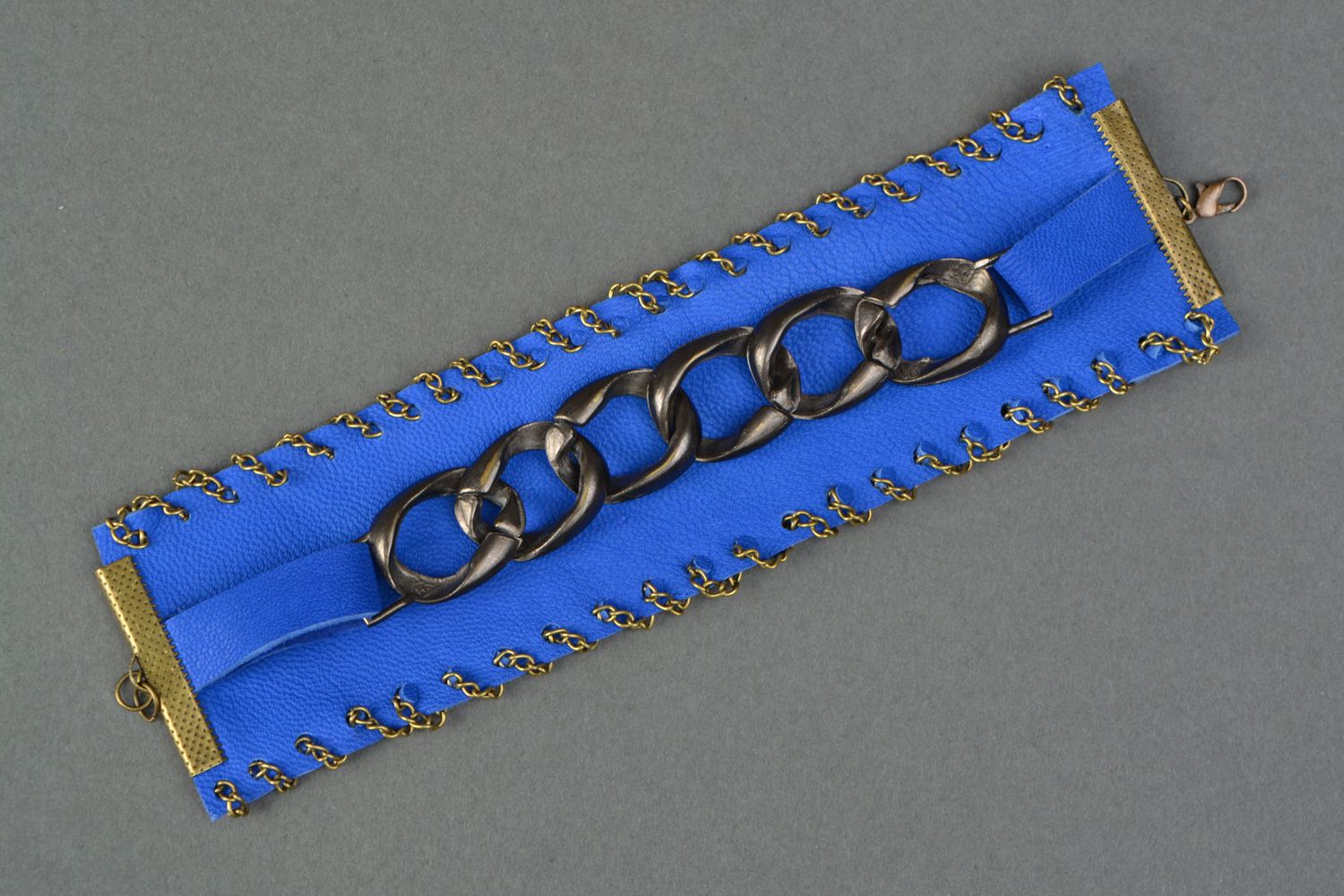 Blue wide genuine leather bracelet with chain photo 1