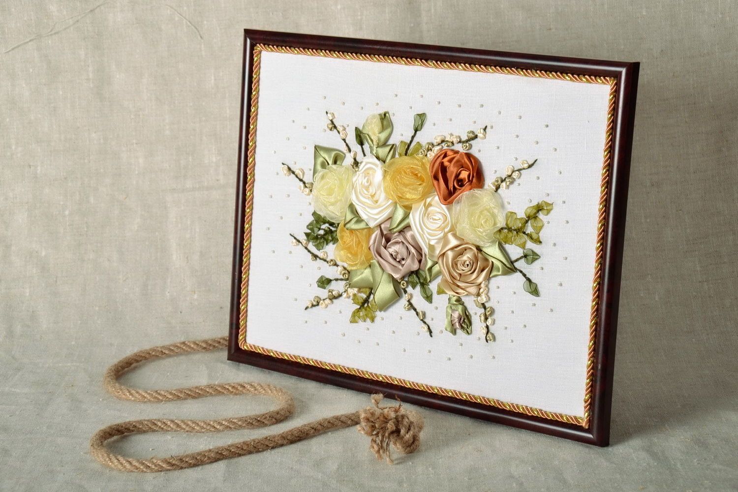 Picture embroidered with ribbons Bouquet of roses photo 1