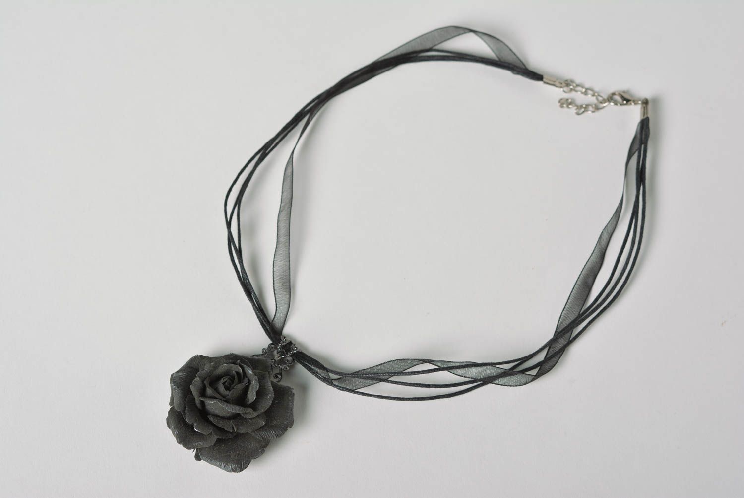 Beautiful handmade volume polymer clay flower neck pendant Black Rose photo 3