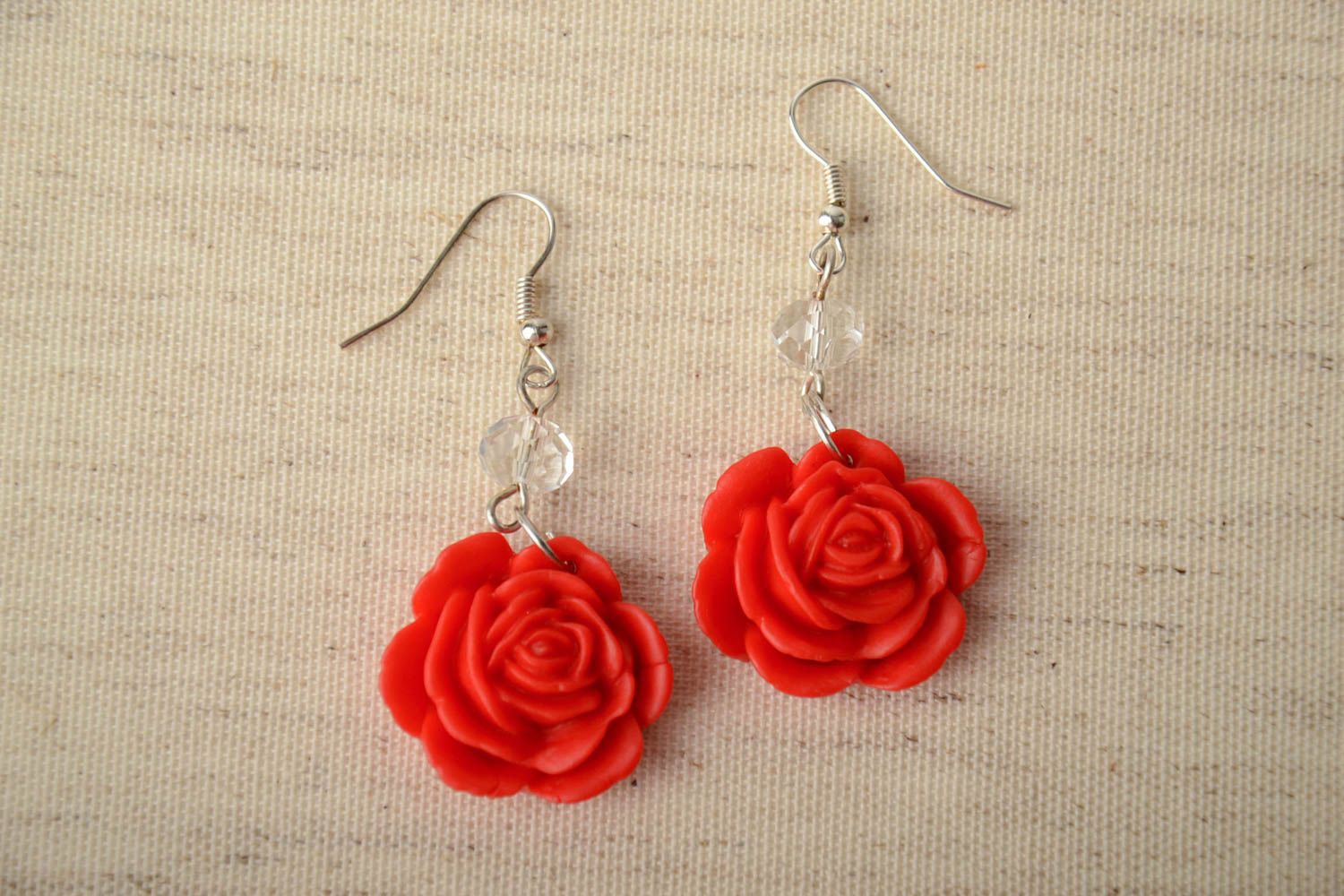 Handmade small polymer clay floral dangling earrings red roses for ladies photo 1