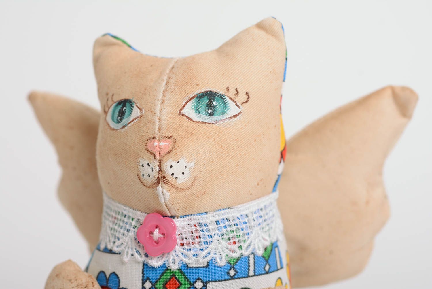 Handmade cotton fabric soft toy painted with acrylics Cat with Heart photo 2