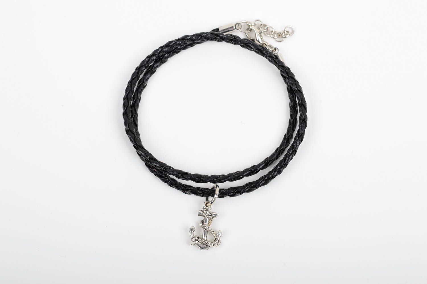 Simple woven black bracelet handmade wrist accessory unusual jewelry with charm photo 1