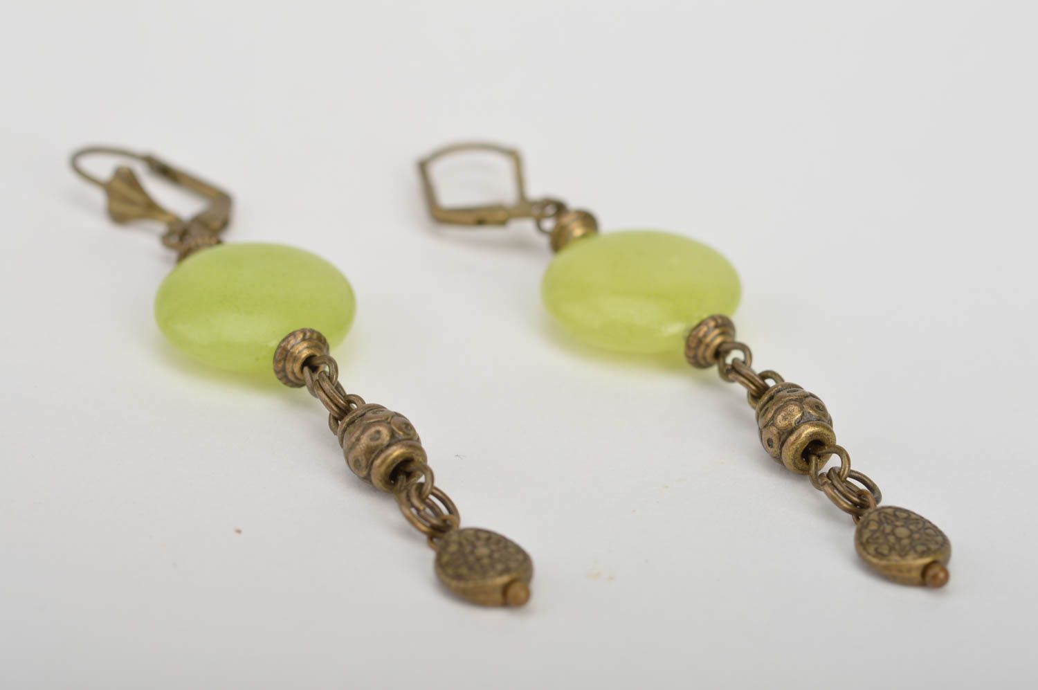 Unusual handmade designer long metal earrings with beautiful beads photo 2