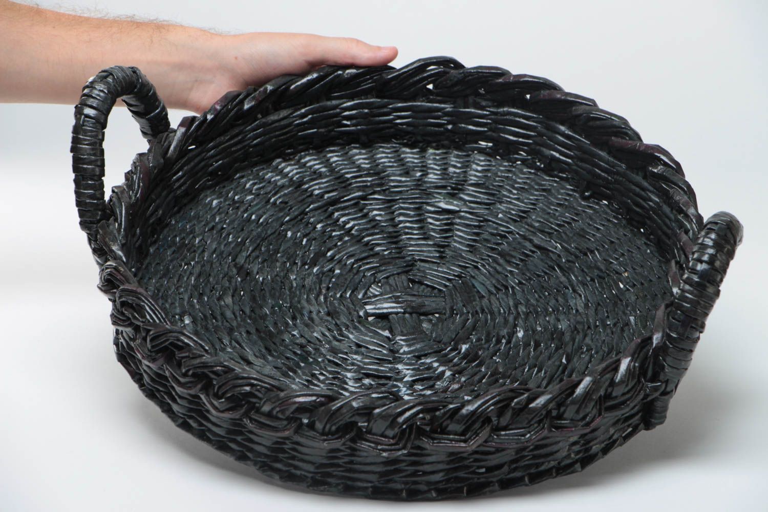 Handmade black round fruit tray with handles woven of newspaper tubes  photo 5