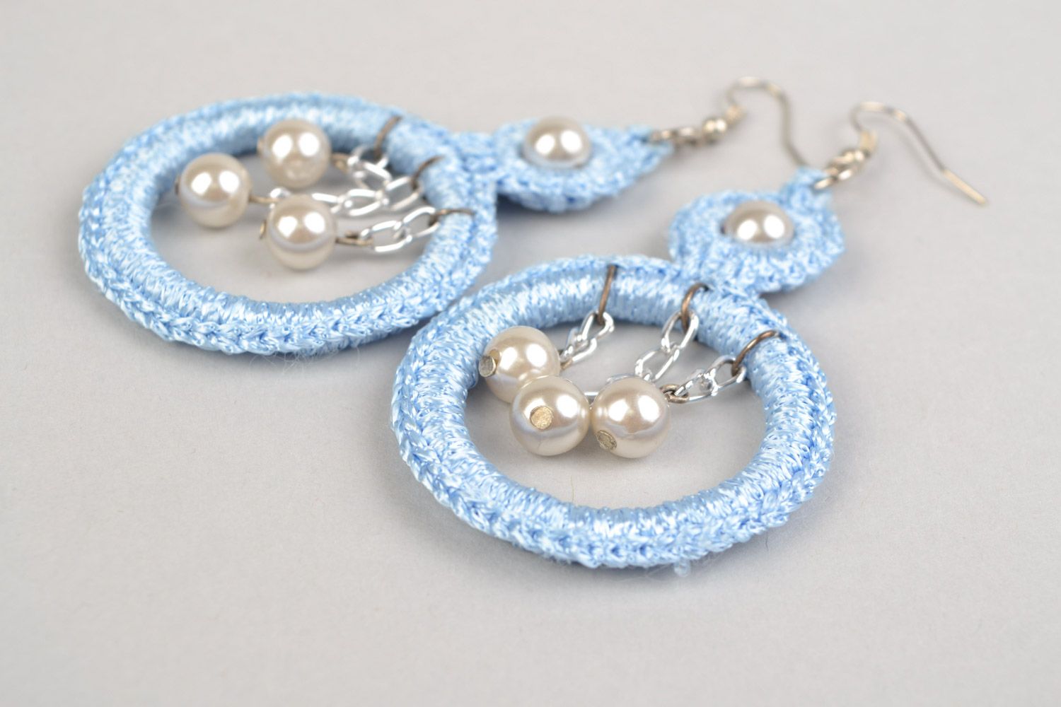 Handmade gentle round earrings woven of threads of beautiful blue color photo 5