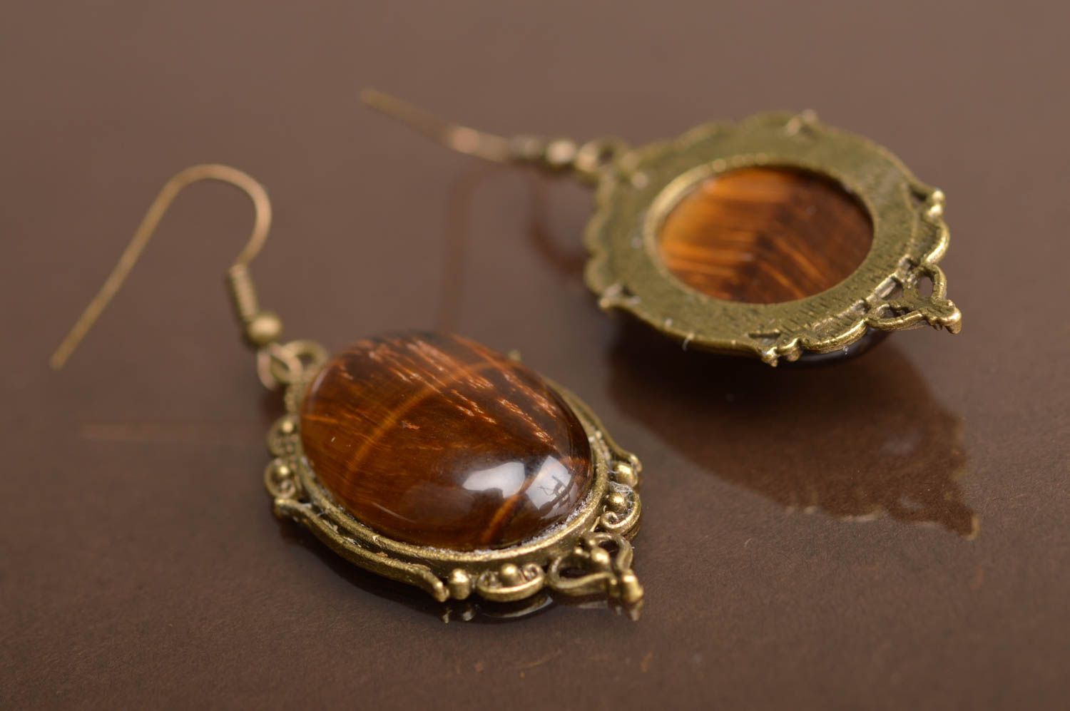 Handmade cute vintage metal earrings with cabochons made of brown stone photo 5