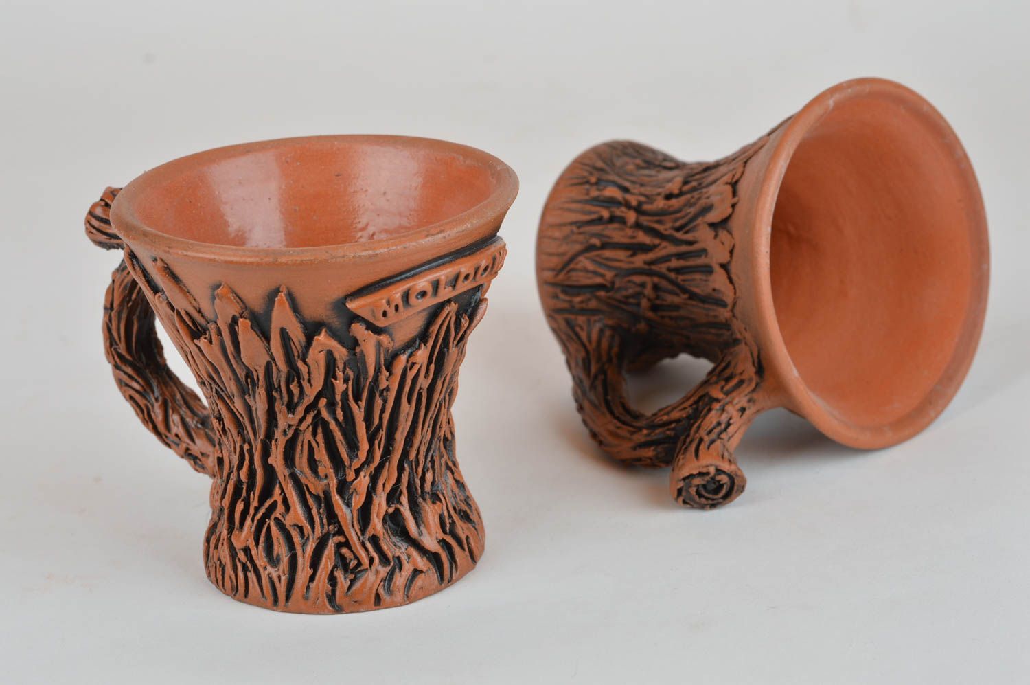 Keramik Kaffeetassen aus Ton Set 2 Stück in Braun 100 ml handgefertigt grell foto 5