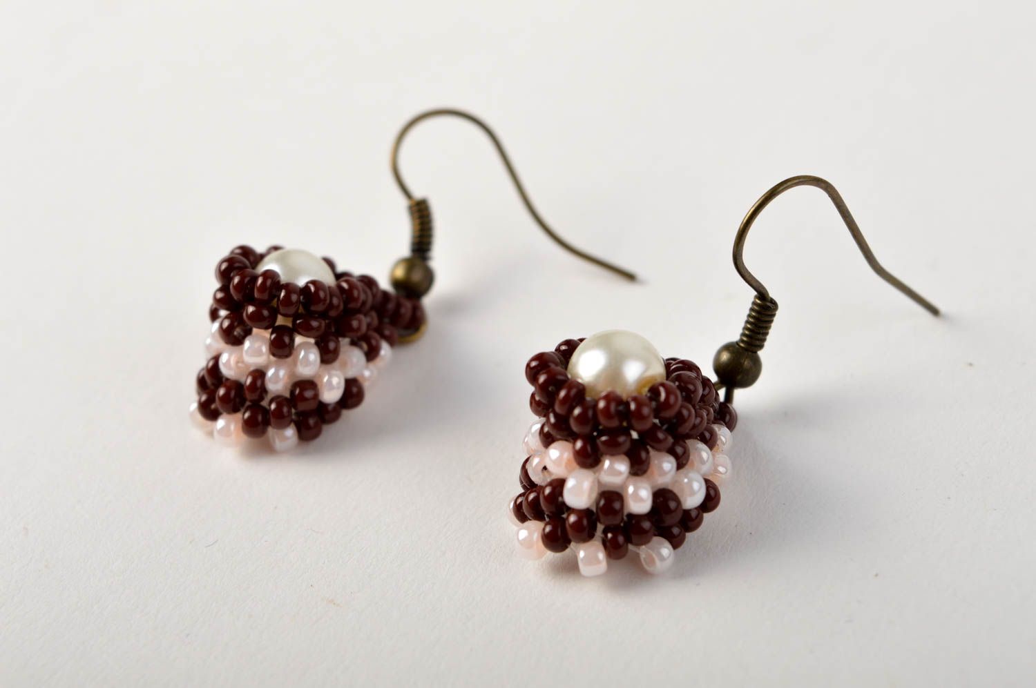 Handmade brown beaded earrings unusual dangling earrings stylish jewelry photo 2