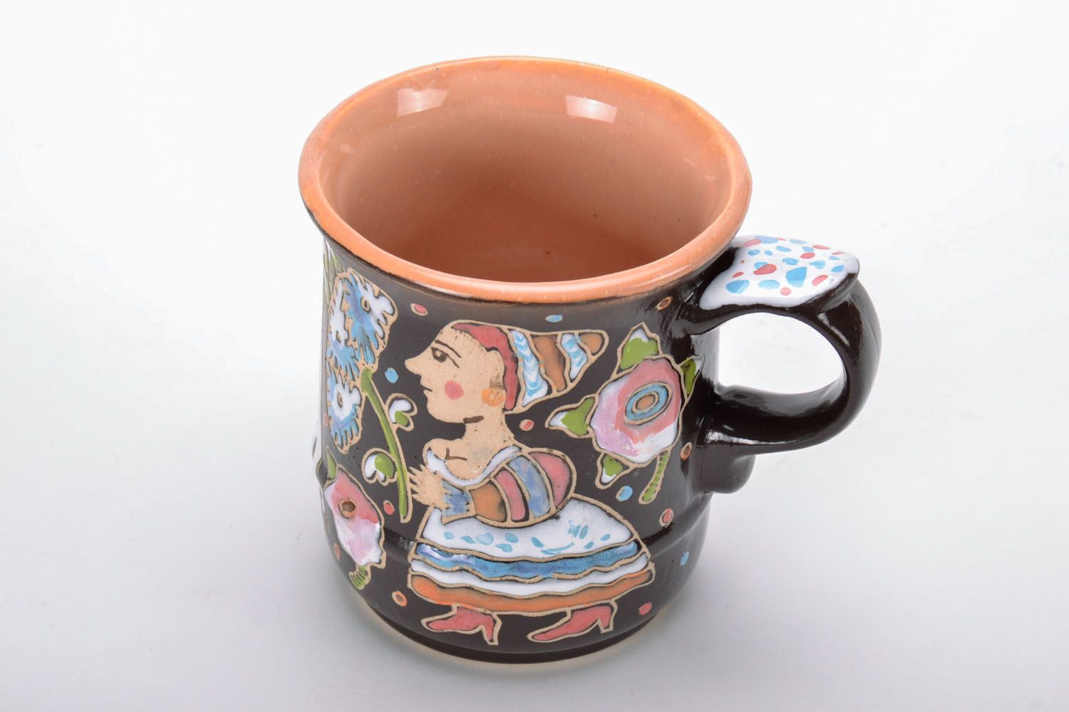8 oz decorative handmade ceramic glazes coffee cup with handle and bright pattern photo 2