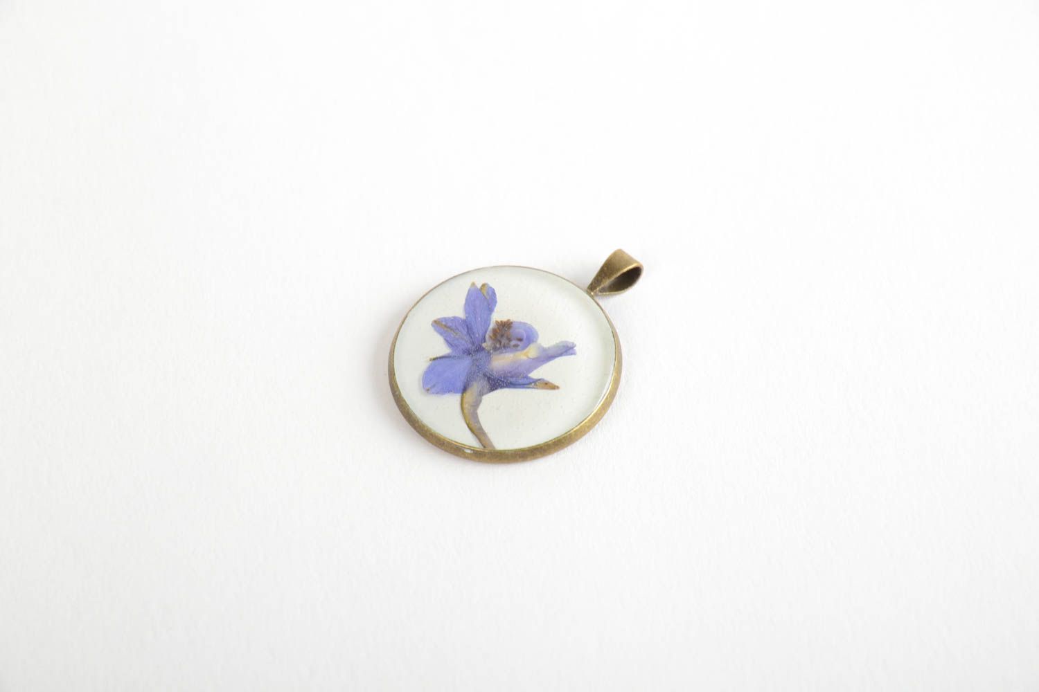 Small lilac homemade designer round flower pendant coated with epoxy resin photo 5