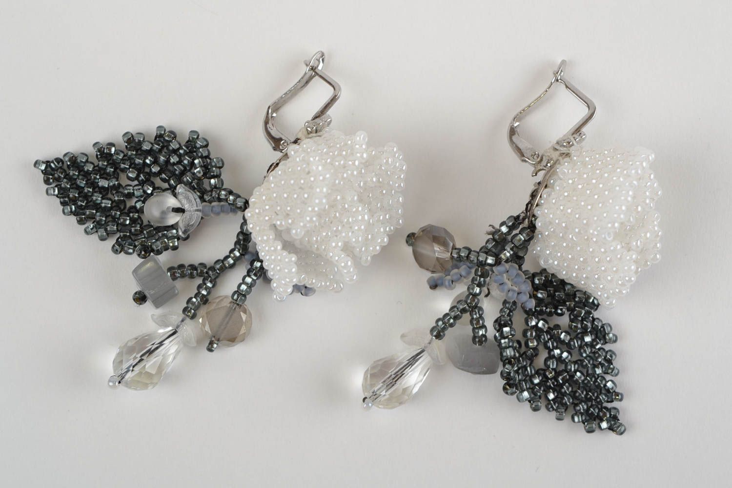 Beautiful handmade designer woven beaded earrings with white roses photo 4