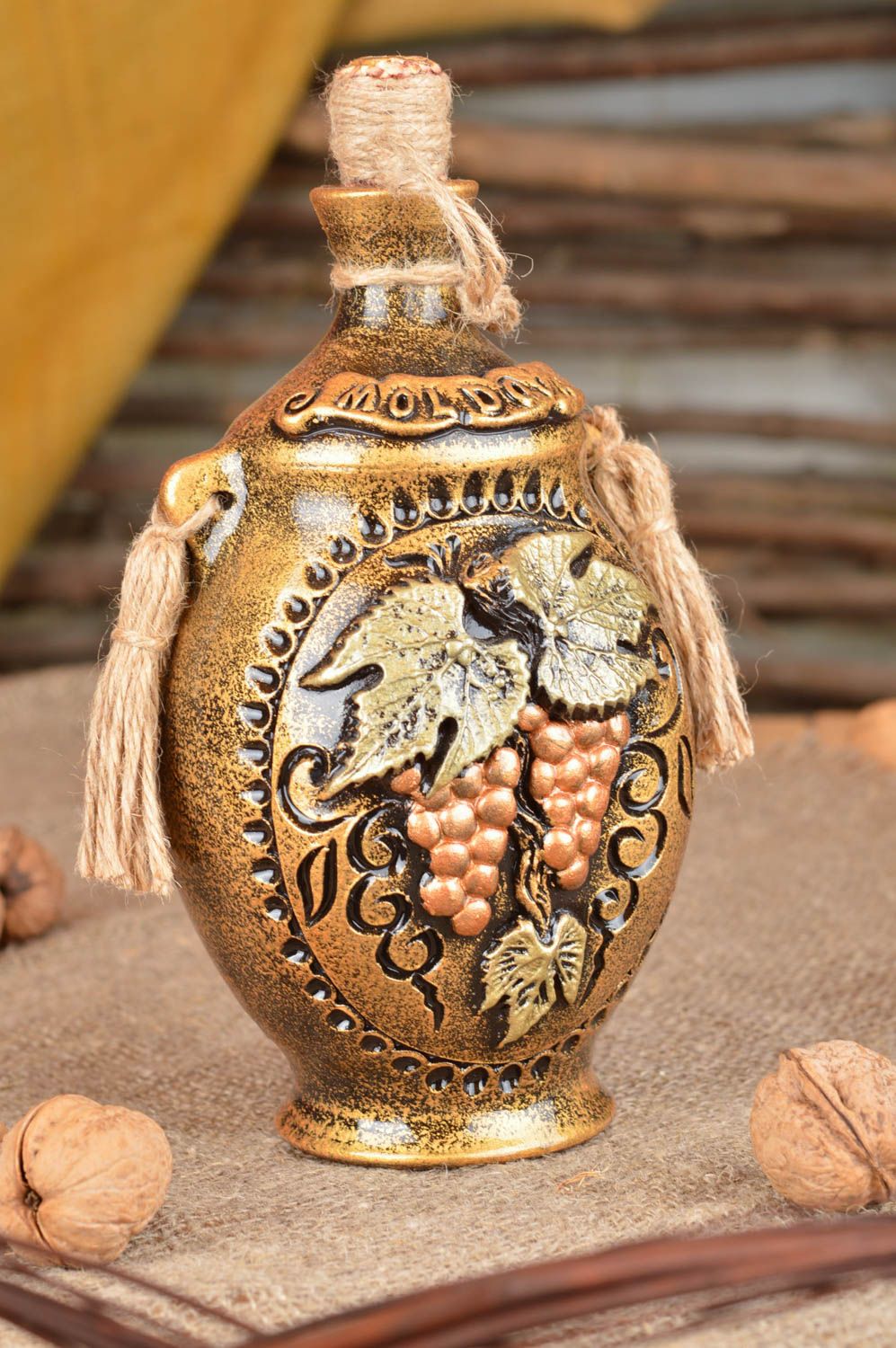 Botella de cerámica garrafa pintada y esmaltada hermosa hecha a mano 400 ml foto 1