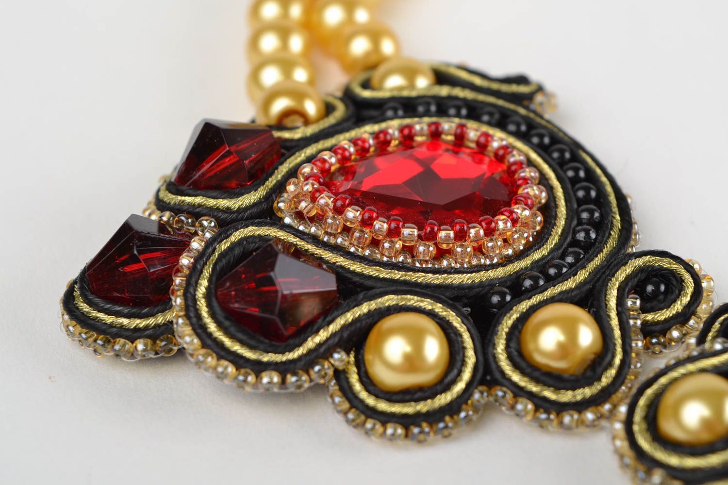 Handmade beautiful festive soutache necklace with beads and rhinestones photo 4