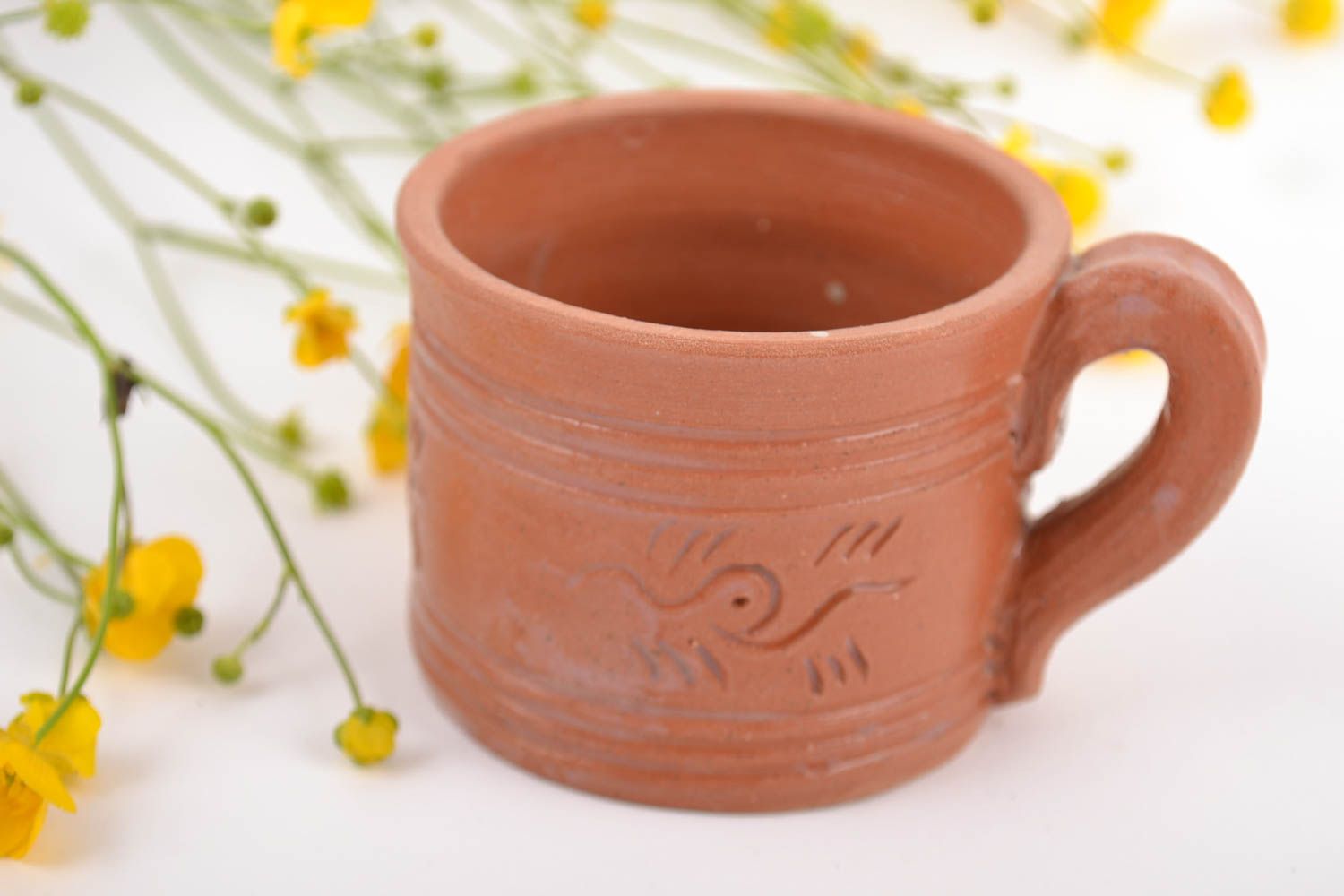 2,5 oz clay glazed coffee cup with handle and rustic pattern photo 1