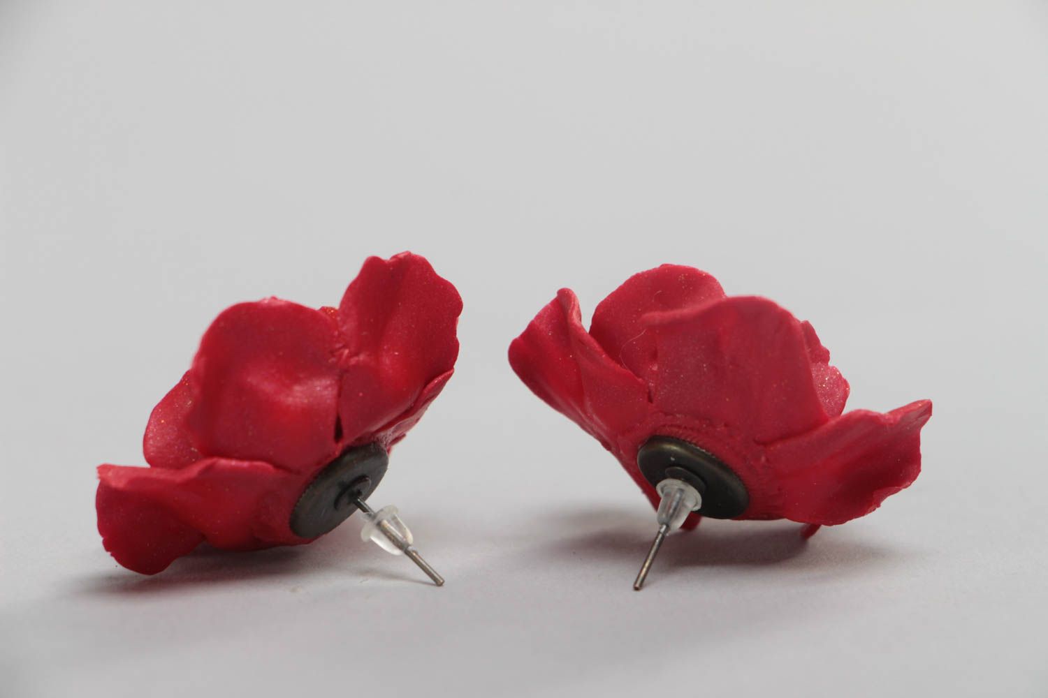 Stud earrings made of polymer clay in the form of red poppies handmade jewelry photo 4