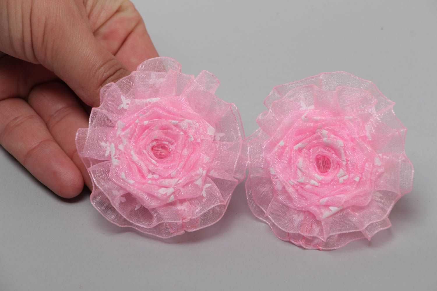 Set of handmade scrunchies with satin ribbons and organza flowers 2 pieces pink  photo 5