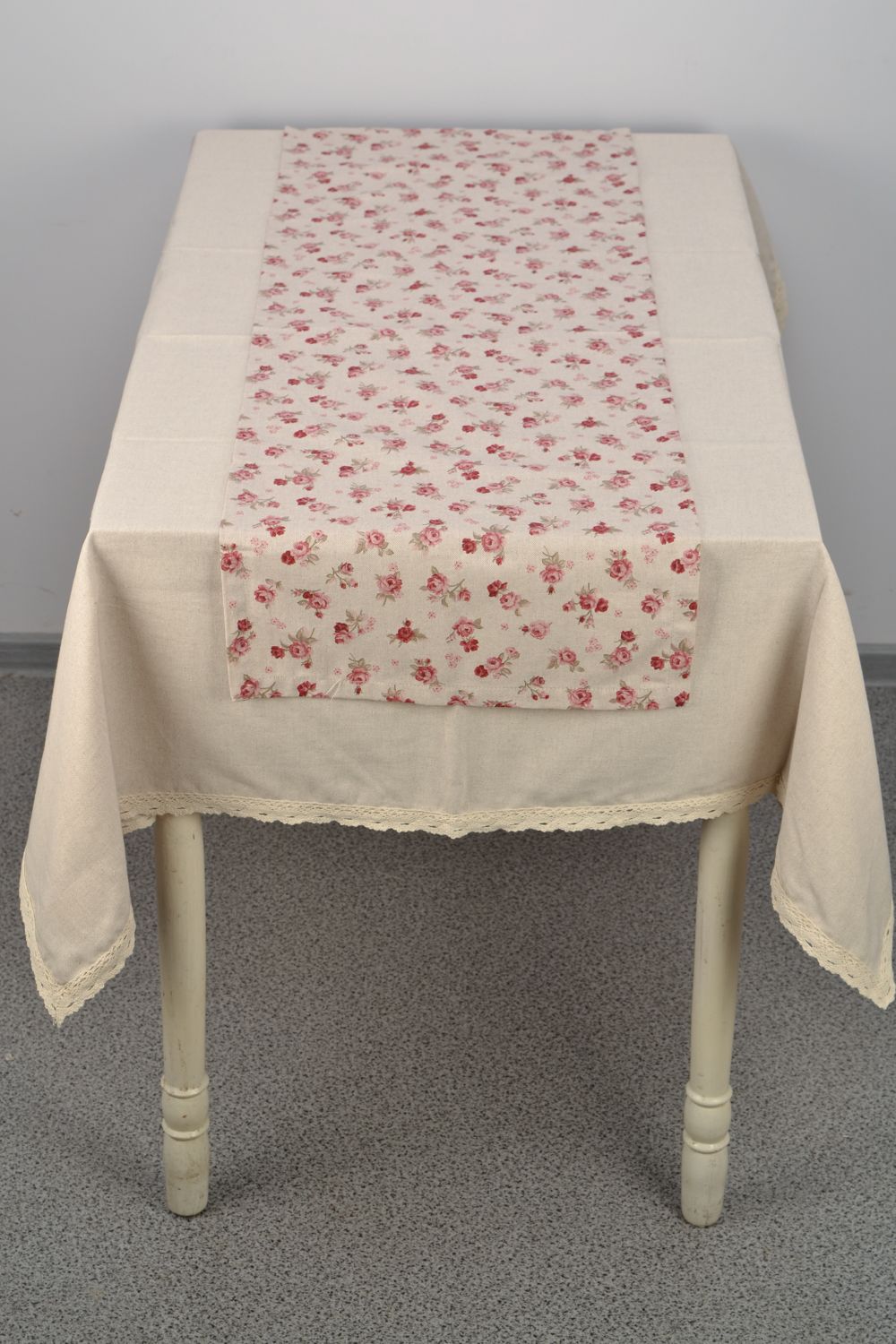 Chemin de table en tissu de coton beige à fleurs rectangulaire fait main photo 1