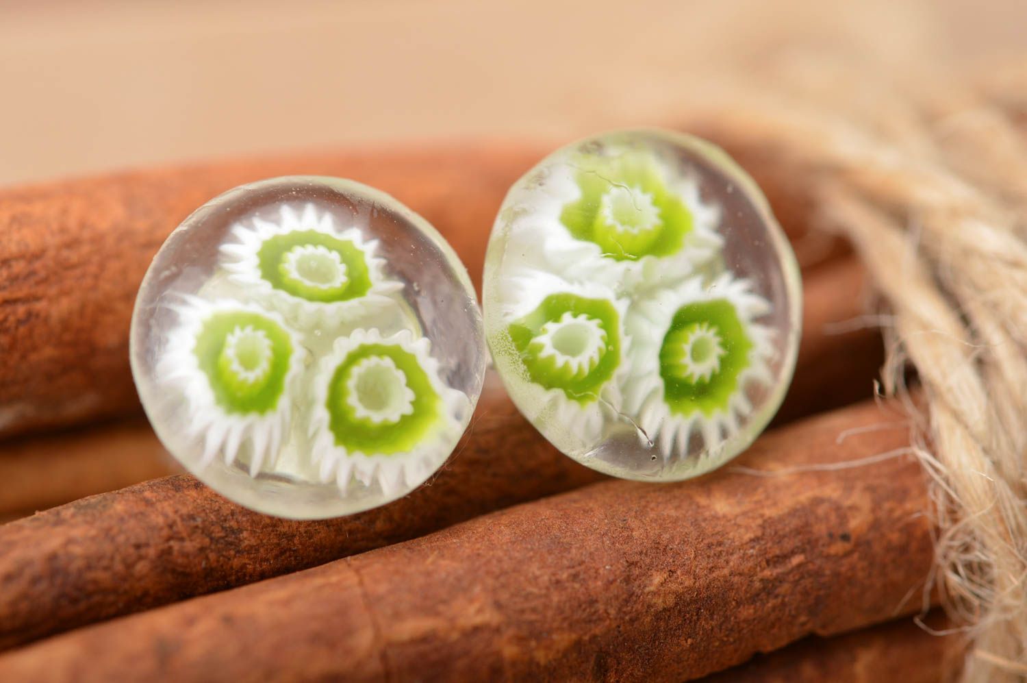 Small handmade designer millefiori glass round stud earrings Green Flowers photo 1